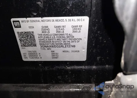 2024 Chevrolet Equinox Awd Rs из США, поврежденный, VIN 3GNAXWEG1RL272749